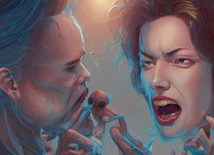 Image similar to wide open queen mouth, close - up, cry, defiant, full lips, anatomy color photograph, light effect, hyper detailed, intricate, elegant, highly detailed, digital painting, artstation, concept art, matte, sharp focus, illustration, by dan mumford, yusuke murata, makoto shinkai, ross tran