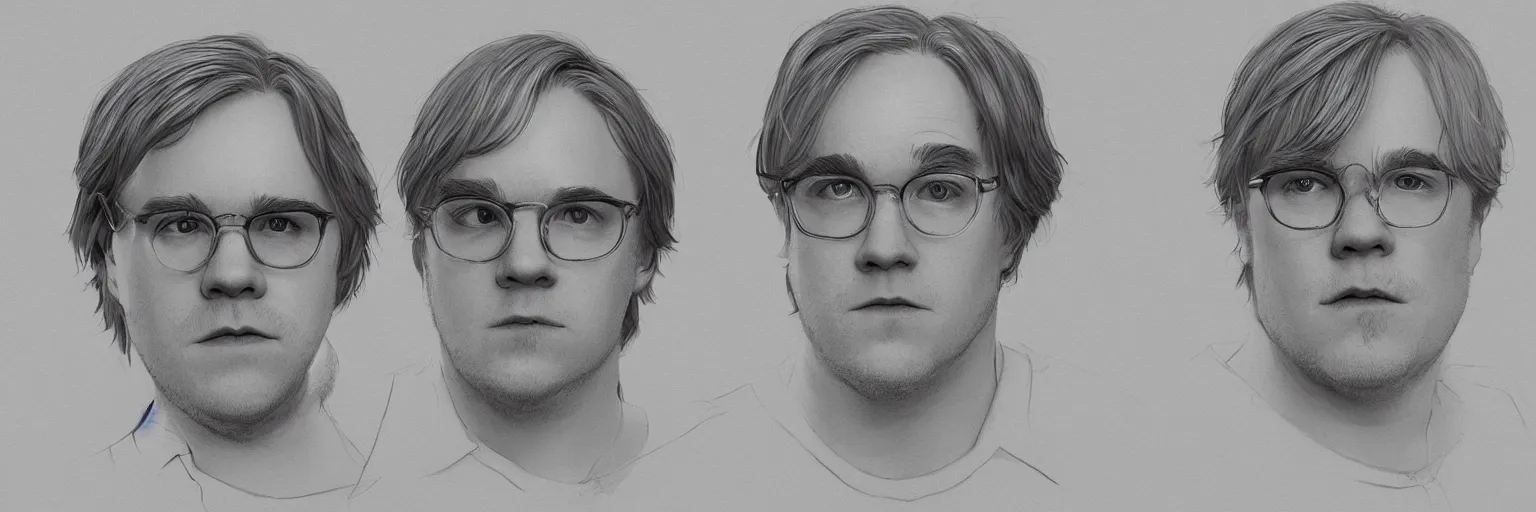 Image similar to character study of philip seymour hoffman and paul dano, 2 0 2 2, clear faces, emotional, character sheet, fine details, concept design, contrast, kim jung gi, pixar and da vinci, trending on artstation, 8 k, full body and head, turnaround, front view, back view, ultra wide angle