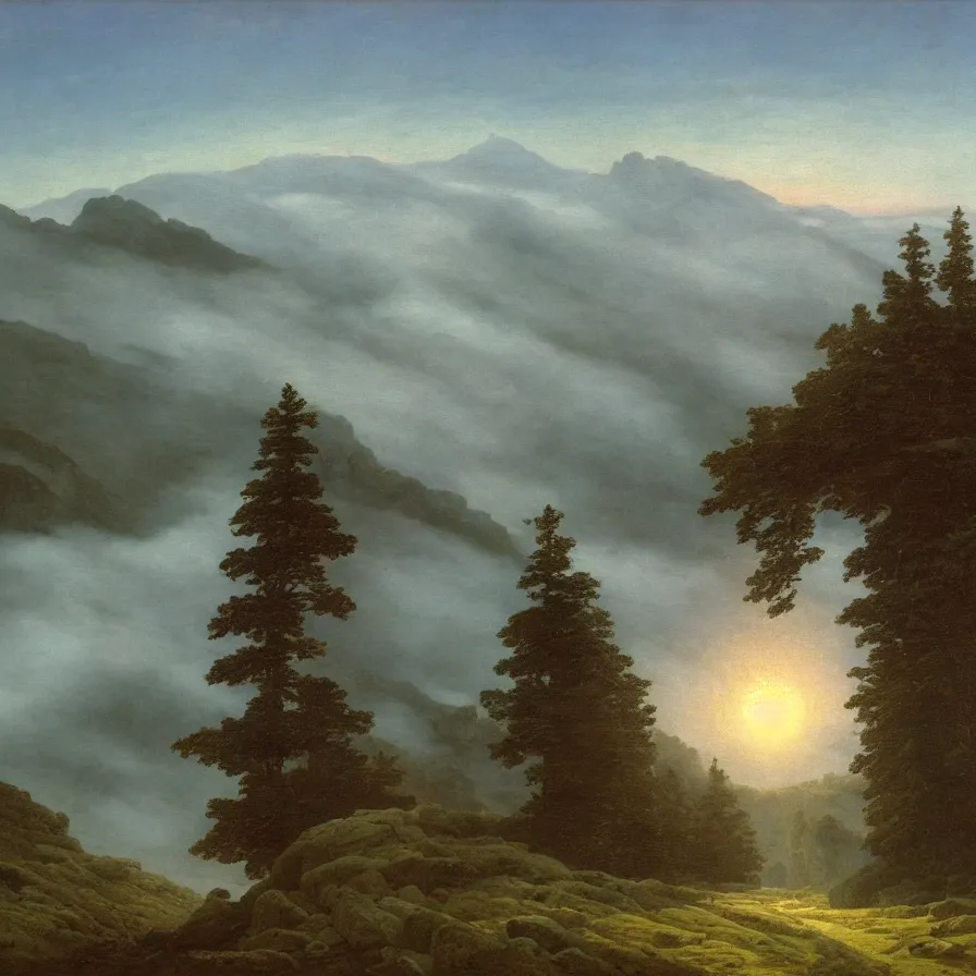 Prompt: highway road above the clouds, sharp rocky mountains, giant trees in the sky, colors, misty clouds, sun at dawn, brutalism, painting by caspar david friedrich