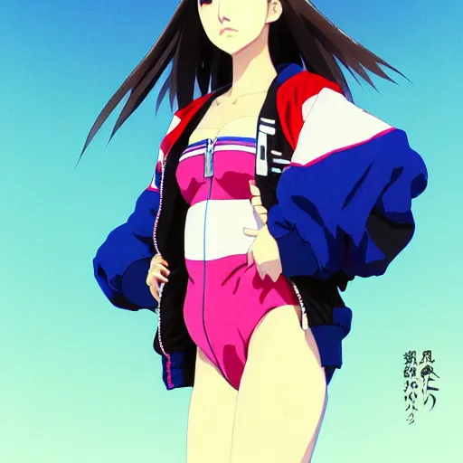 Image similar to a beautiful japanese natalie portman gravure model, wearing oversized native designer bomber jacket and leotard with overalls, bulky poofy bomber jacket with mesoamerican patterns, mesoamerican native street fashion, gapmoe yandere grimdark, trending on pixiv fanbox, painted by greg rutkowski makoto shinkai takashi takeuchi studio ghibli, akihiko yoshida