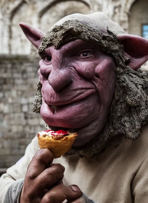 Prompt: closeup profile face portrait of a medieval goblin eating cakes in the cloisters, depth of field, zeiss lens, detailed, symmetrical, centered, fashion photoshoot, by annie leibovitz and steve mccurry, david lazar, jimmy nelsson, breathtaking, 8 k resolution, extremely detailed, beautiful, establishing shot, artistic, hyperrealistic, beautiful face, octane render