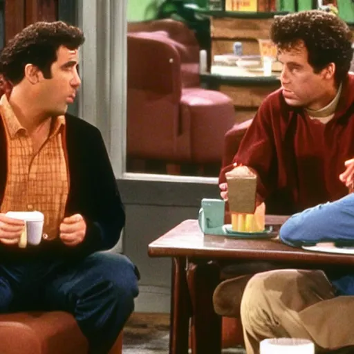 Prompt: Seinfeld and George invite Ross and Rachel at the coffee but they argue over the bill