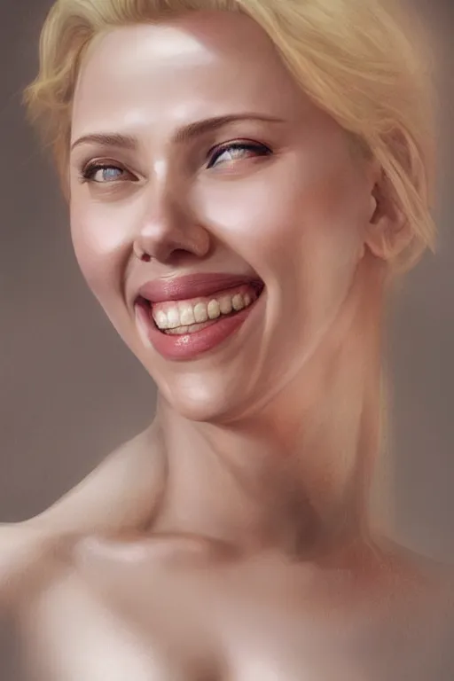 Prompt: Scarlett Johansson smiling anatomy, only two hands, highly detailed, digital painting, artstation, concept art, smooth, sharp focus, illustration, Unreal Engine 5, 8K, art by art by artgerm and greg rutkowski and edgar maxence