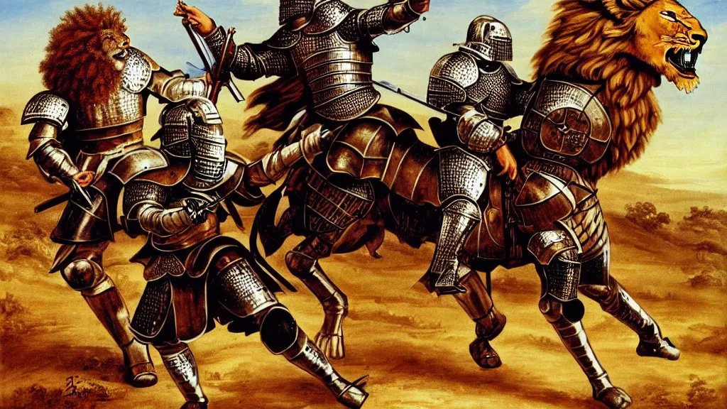 Image similar to fully armored knight wielding an automatic weapon fighting a lion in a medieval setting, painted by bob ross