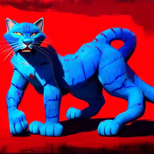 Image similar to big blue cat with red sable. turqoise background. painting by eddie mendoza, greg rutkowski