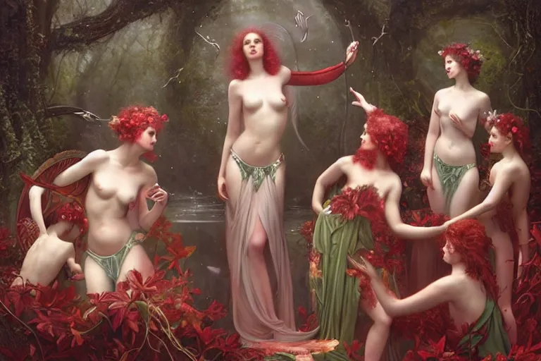 Image similar to the goddess of red solo cups surrounded by a court of nymphs, by tom bagshaw peter kemp