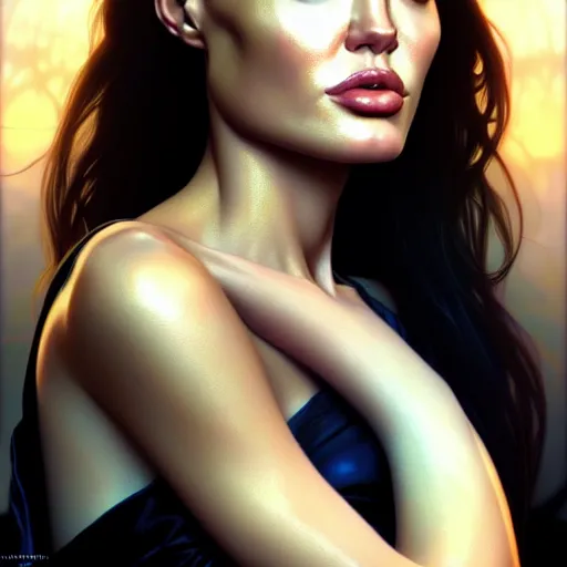 Prompt: beautiful digital painting of young angelina jolie background with high detail, 8 k, stunning detail, photo by artgerm, greg rutkowski and alphonse mucha, unreal engine 5, 4 k uhd