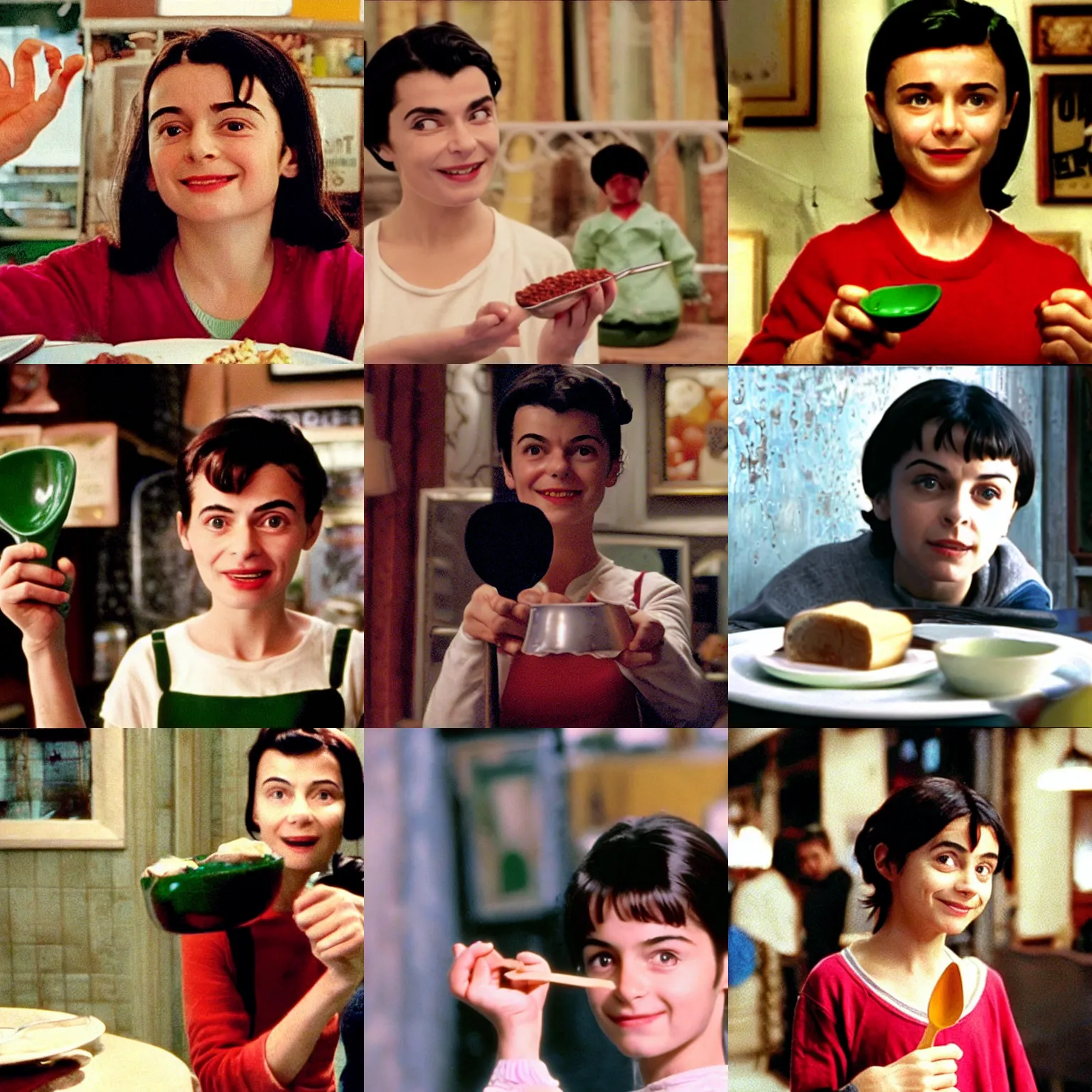 Prompt: a film still from amelie ( 2 0 0 1 ) of amelie holding up the spoon