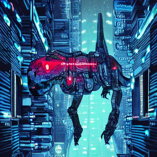 Prompt: beautiful detailed comic illustration, mecha dinosaur fractals, cyberpunk, neon