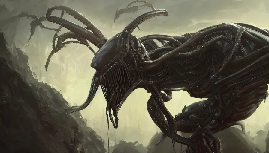 Image similar to enviroment concept art of alien convenant, for aaa game, cinematic shot, oil painting by jama jurabaev, extremely detailed, brush hard, artstation, high quality, brush stroke