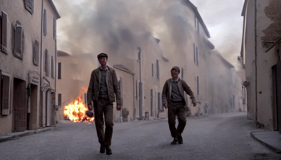 Image similar to movie still of nathan never in a french style townhouse who is burning in a small french village, heavy grain, high quality, high detail, dramatic light, anamorphic, flares