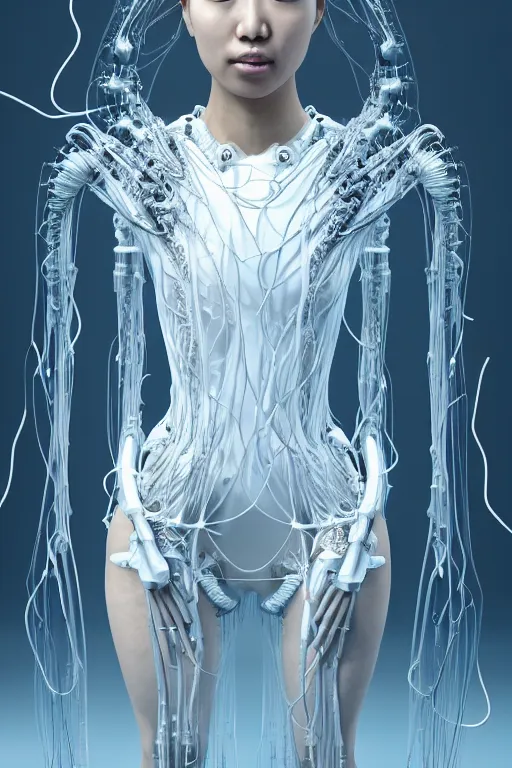 Image similar to young asian woman, iris van herpen, beautiful face, perfect symmetrical body, full body shot, inflateble shapes, wires, tubes, veins, jellyfish, white biomechanical details, wearing epic bionic cyborg implants, masterpiece, intricate, biopunk, vogue, highly detailed, artstation, concept art, cyberpunk, octane render