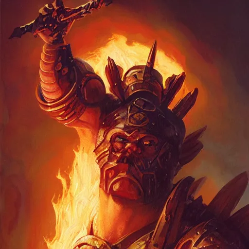 Prompt: head and shoulders portrait of a paladin fire giant, wreathed in flame, d & d, fantasy, greg rutkowski, frank frazetta, alexandre chaudret, boris vallejo, michael whelan, miro petrov, hr giger, magali villeneuve, donato giancola