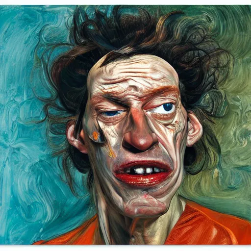 Image similar to high quality high detail portrait painting of a man in agony by lucian freud and jenny saville and francis bacon, hd, anxiety, turquoise and orange