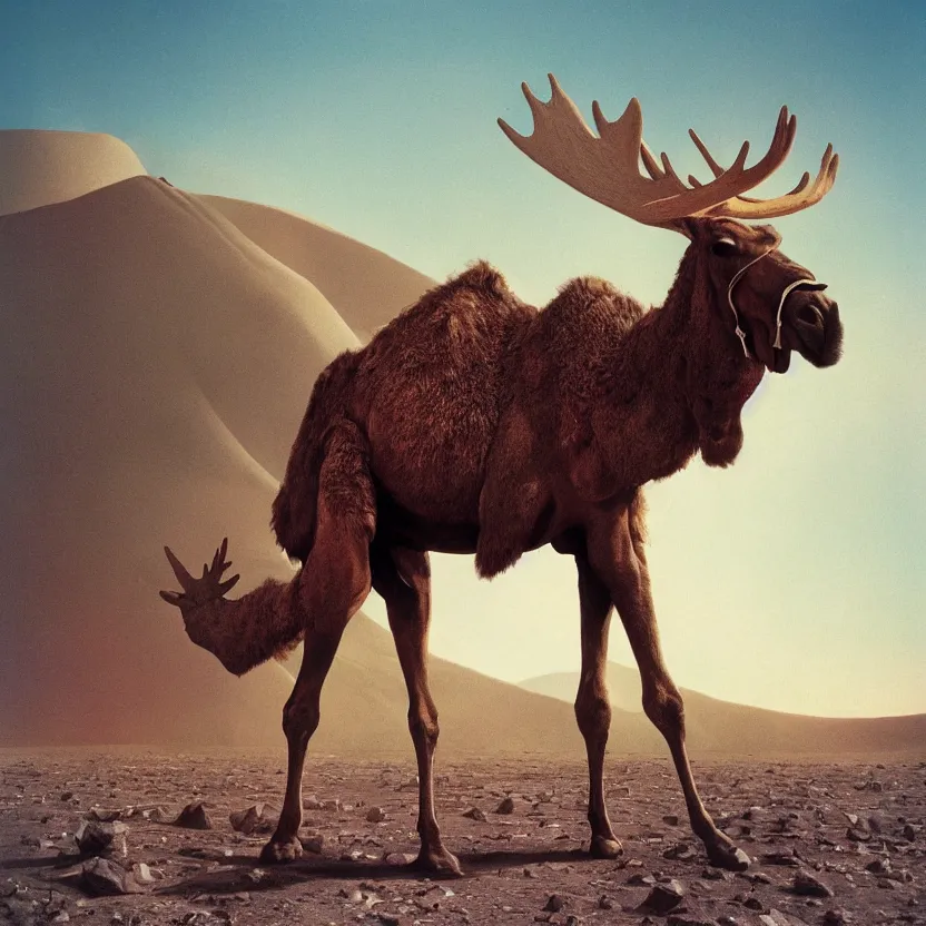 Prompt: an otherworldly camel moose, walking in an extraterrestrial desert. pulp sci - fi art. dark background