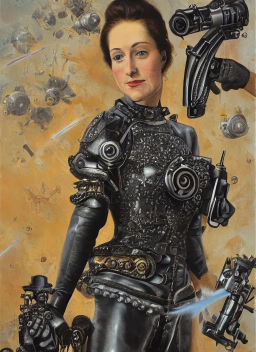 Prompt: a woman in leather armor holding a raygun blaster, vintage Raypunk painting, life like, intricate detail, 4K HD