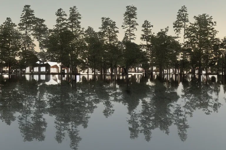 Image similar to many white round spherical buildings are crowded and combined to form a building on the calm lake, by pierre bernard, on the calm lake, people's perspective, future, interior wood, dusk, unreal engine highly rendered, global illumination, radial light, internal environment