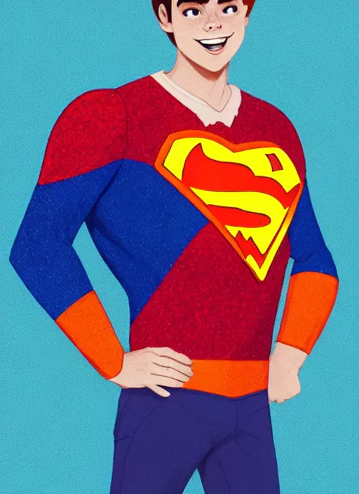 Image similar to friendly teenage archie andrews wearing an orange superhero costume with heart logo, heart, freckles, blue cape, heart emblem on chest, blue cape, intricate, elegant, glowing lights, highly detailed, digital painting, artstation, sharp focus, illustration, art by wlop, mars ravelo and greg rutkowski