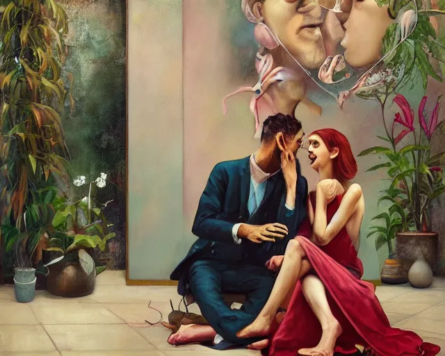 Image similar to an excited couple redefining love in a caffe surrounded by plants, expressionist painting by Francis Bacon, tom bagshaw, mark rothko, artstation