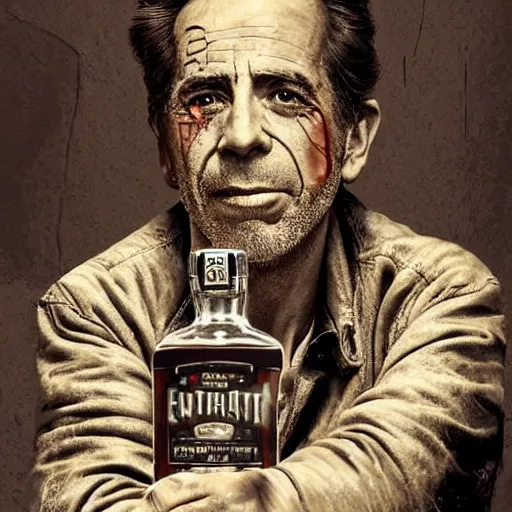 Image similar to a highly detailed epic cinematic concept art CG render digital painting artwork costume design: Humphrey Bogart, scruffy beard, old scars on the face, unkempt long hair, grizzled, tired, in an old 1950s leather jacket, with a bottle of whisky in hand. By Greg Rutkowski, Ilya Kuvshinov, WLOP, Stanley Artgerm Lau, Ruan Jia and Fenghua Zhong, trending on ArtStation, made in Maya, Blender and Photoshop, octane render, excellent composition, cinematic atmosphere, dynamic dramatic cinematic lighting, aesthetic, very inspirational, arthouse