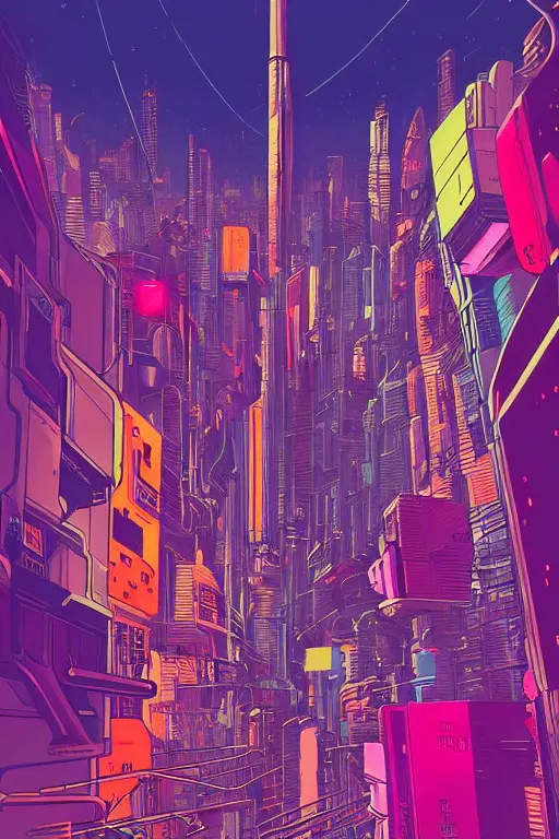 Image similar to astronaut cyberpunk surreal upside down city, neon lights, sharp edges, flat colors, cell shaded by moebius, Jean Giraud, trending on artstation