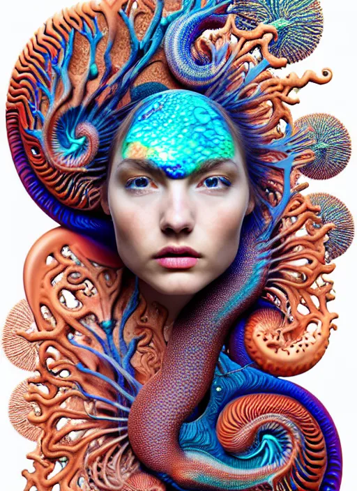 Prompt: ridiculously beautiful young womans face in full color, layers of intricate swirling dimensions, coral, sea dragons, symmetrical, in the style of ernst haeckel, effervescent, sacred geometry, surrealism, photo realistic, epic and cinematic, 3 d, clear, sharp,