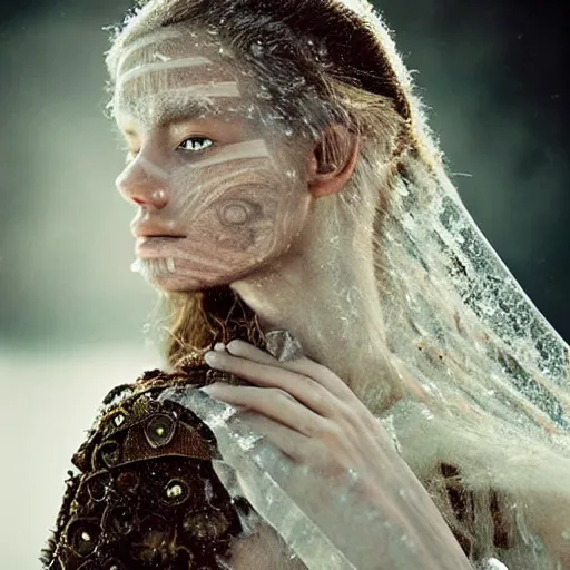 Image similar to full shot of a regal brown woman wearing an intricate armor made of many layers of ice. no makeup!! freckles!! haunting eyes. vulnerable. fragile. ethereal. elaborate. ice caves. glaciers. refracted light. extremely soft lighting. textures. delicate. translucent. by ray cesar. by louise dahl - wolfe. by andrea kowch. surreal photography.