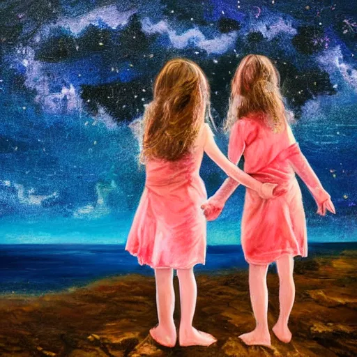 Prompt: two girls hugging under a starry sky, standing on a cliff by the sea, the milky way is reflecting on the sea water, 4k detailed reflections, oil painting vibrant colors