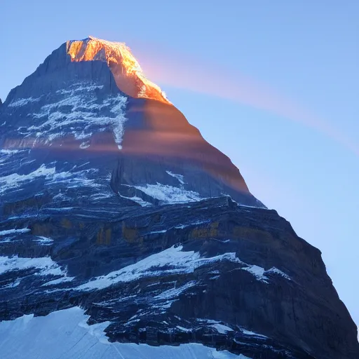 Prompt: the Eiger north face with a bright light beam shining straight up into the sky