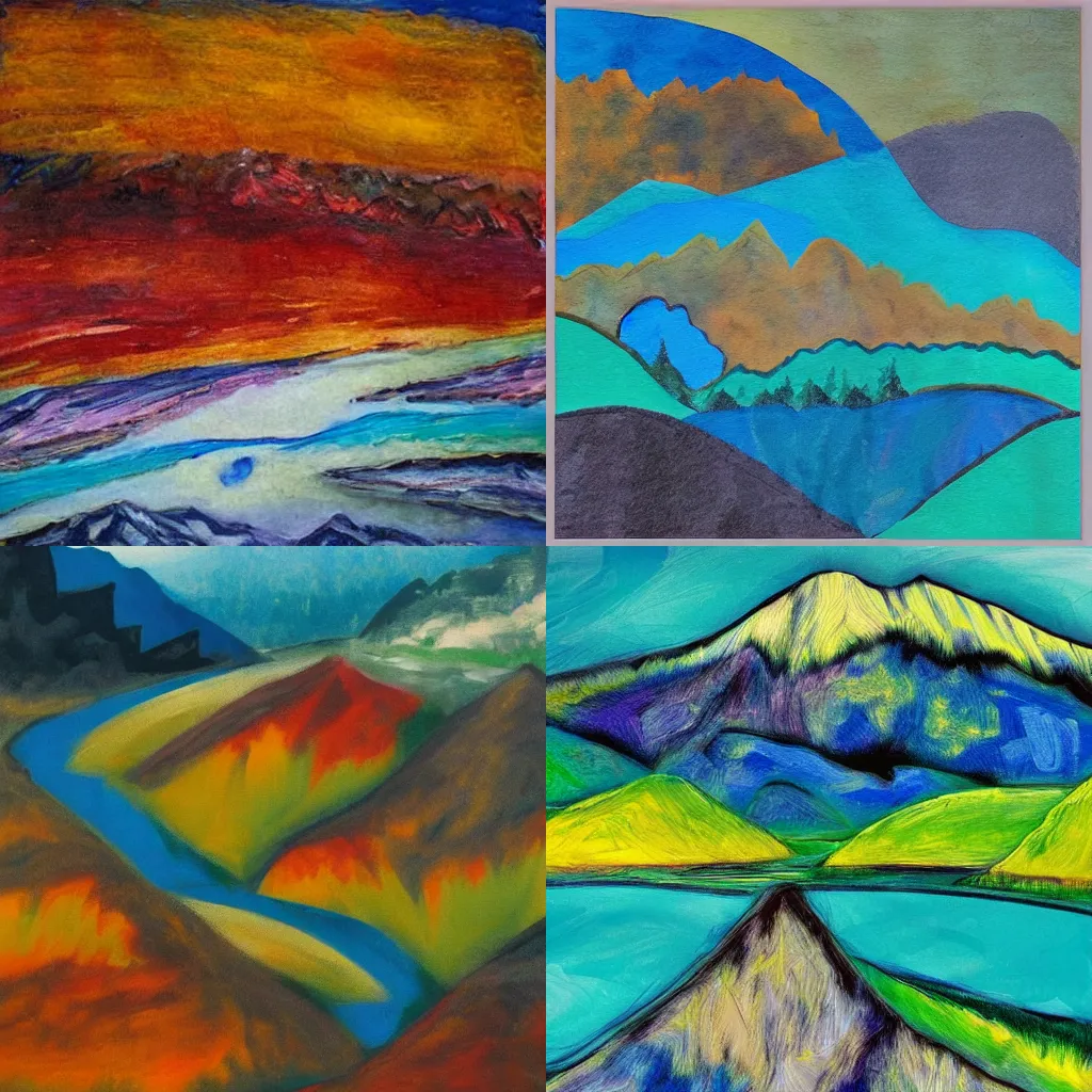 Prompt: woman becomes the landscape, the mountains and the river takes her shape, high quality abstract art”