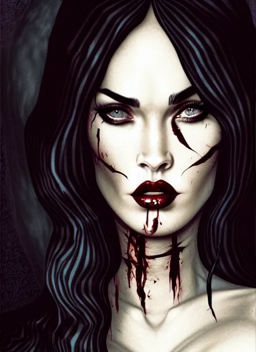 Image similar to megan fox witch queen, black eyes, blood, full body, intricate victorian dress, middle shot, cinematic lighting, symmetrical eyes, caravaggio, artgerm, joshua middleton, rafael albuquerque, moody lighting, candles