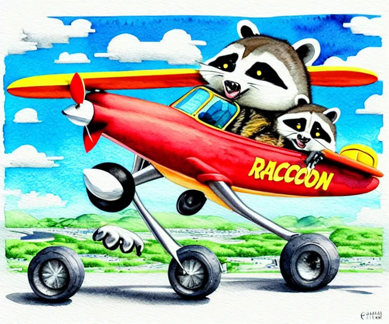 Image similar to cute and funny, racoon riding in a tiny airplane with oversized engines, ratfink style by ed roth, centered award winning watercolor pen illustration, isometric illustration by chihiro iwasaki, edited by range murata, tiny details by artgerm and watercolor girl, symmetrically isometrically centered