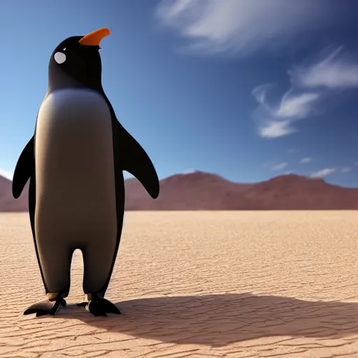 Image similar to pooping Penguin in the desert, Pyjama british Air force Officer, octane render, unreal engine, 8k high definition