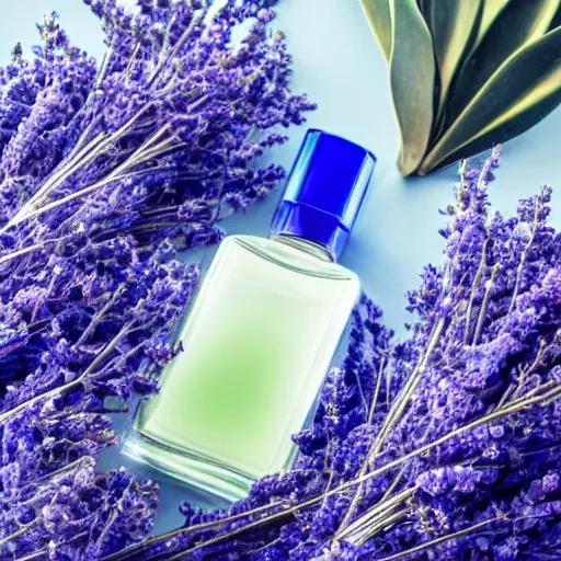 Image similar to cool blue perfume bottle surrounded by a plethora of sparse cool blue and lavendar flowers and green stems, bright white realistic, up close shot, white background, zen, light, modern minimalist f 2 0 clean