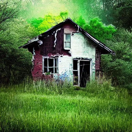 Prompt: crackhouse along a crumbling road, tall grass, beautiful flowers, unknown origin, ethereal, light and shadows