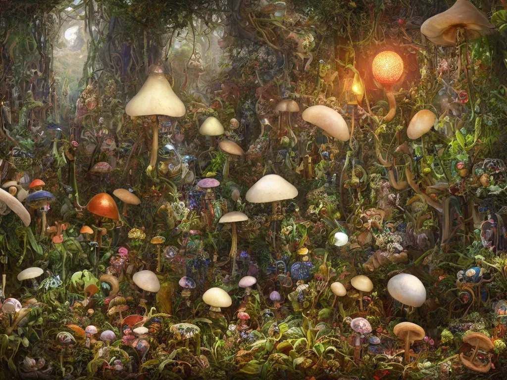 Image similar to victorian robots and mushrooms growing in a spheroid forest, 3d render, nightlight Study, by Jan Davidsz de Heem and Lisa Frank, Art Nouveau, 8k, extreme detail, sharp focus, cinema 4d render