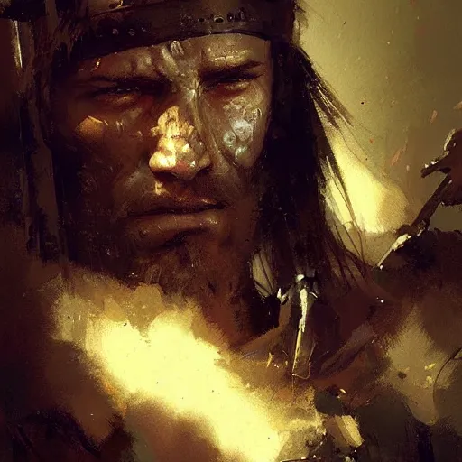 Image similar to Portrait painting of a barbarian warrior by greg rutkowski and Craig Mullins, Dark atmospheric and cinematic lighting