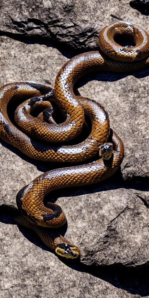 Image similar to real picture of a living ouroboro, infinity snake, eating it's own tail, on a dark rock background