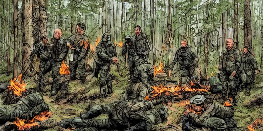 Image similar to really funny accident in finnish army, most insane scene in the forest in the style of action movie by tony scott, people laughing in the woods, campfire and tents, comicbook art by stan lee