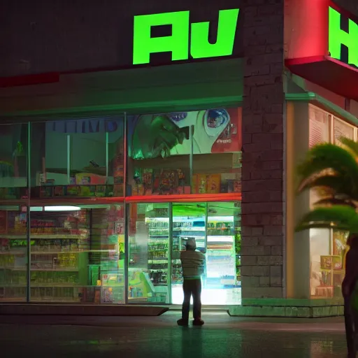 Prompt: the incredible hulk working the night shift as a 7/11 cashier, macro, wide shot, dramatic lighting, octane render, hyperrealistic, HD