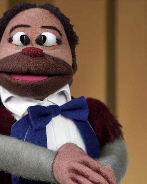 Image similar to stanley hudson as a muppet. highly detailed felt. hyper real photo. 4 k.