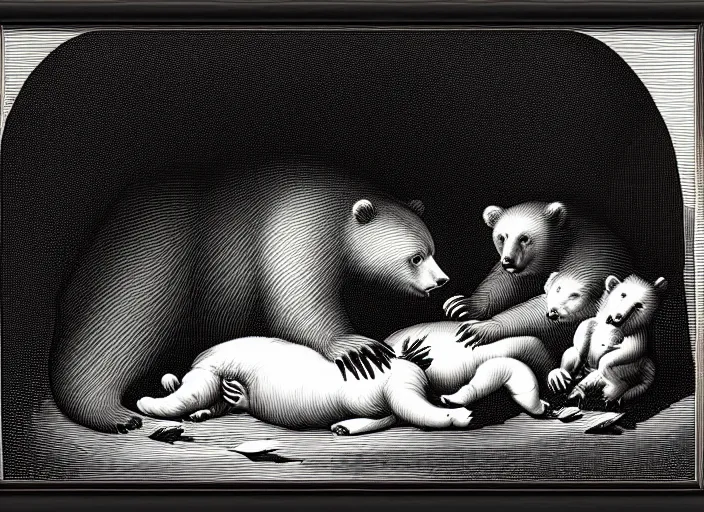 Prompt: Pieter Claesz's 'mother bear and her cubs sleeping in a dark cave', night time, cross hatching, framed