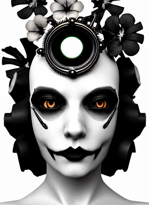 Image similar to 1 9 3 0 black and white gothic masterpiece profile face portrait, one steampunk eye biomechanical beautiful young female cyborg - vampire, body meshes, big monocular, volumetric light, hibiscus flowers, by hg giger, rim light, big gothic fashion pearl embroidered collar, 8 k