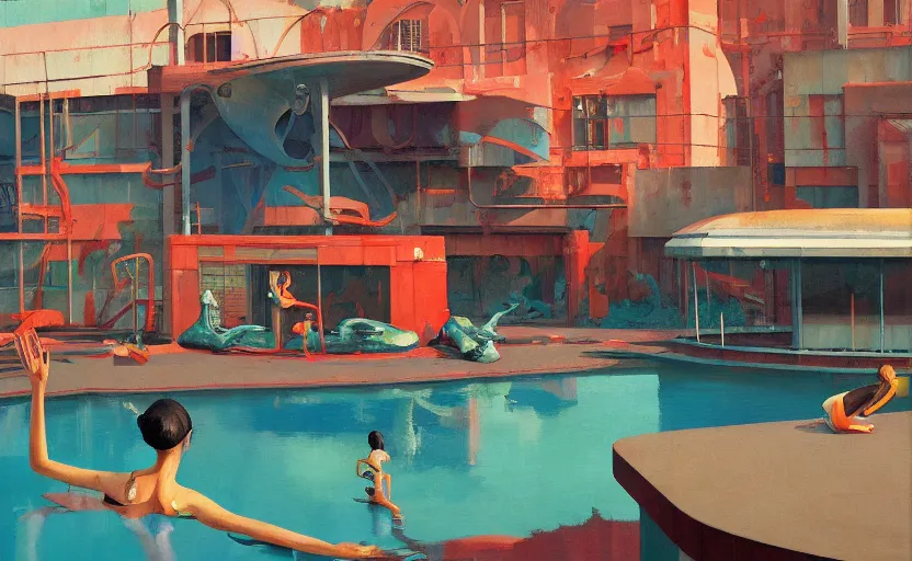 Prompt: A junkyard with a big pool, very coherent, painted by Edward Hopper, Wayne Barlowe, painted by James Gilleard, airbrush, art by JamesJean