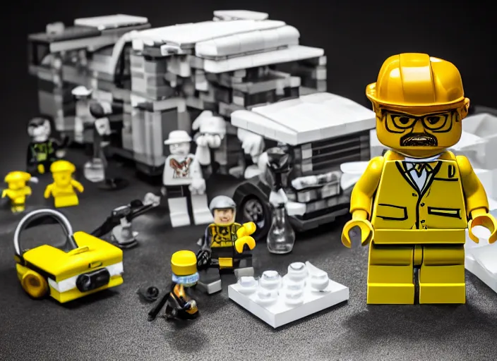 Image similar to product photo still of walter white breaking bad meth lab lego playset, 8 k, 1 2 0 mm macro, f 1. 8, studio lighting, key light