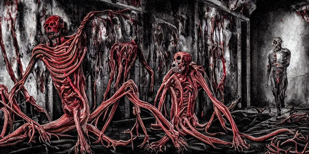 Prompt: a blood-oozing amorphous bloody meat creature composed of muscle, numerous limbs, countless self-repeating human and animal skulls, and writhing veins and intestines, lurking in the darkness in a dark corridor, cinematic, high-quality, in color