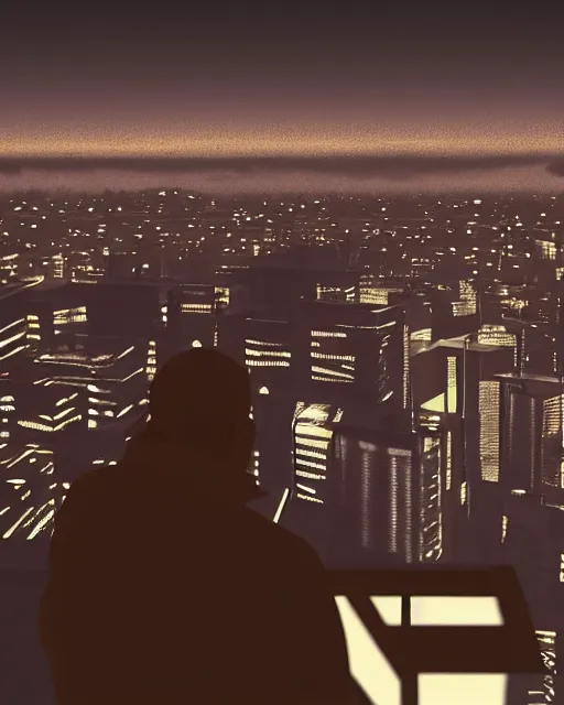Prompt: a night rooftop scene, close up shot of a photorealistic gangster wearing a trench coat looking at the city below, unreal engine, hyper realism, realistic shading, global illumination