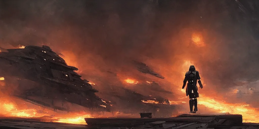 Image similar to a painting of a cinematic keyframe of a storm trooper walking into a destroyed star destroyer starship, with fire and smoke by greg rutkowski, rule of thirds, golden ratio, ambient lighting, wlop, artgerm, artstation, highly detailed masterpiece, dark fantasy art, high detail, trending on artstation