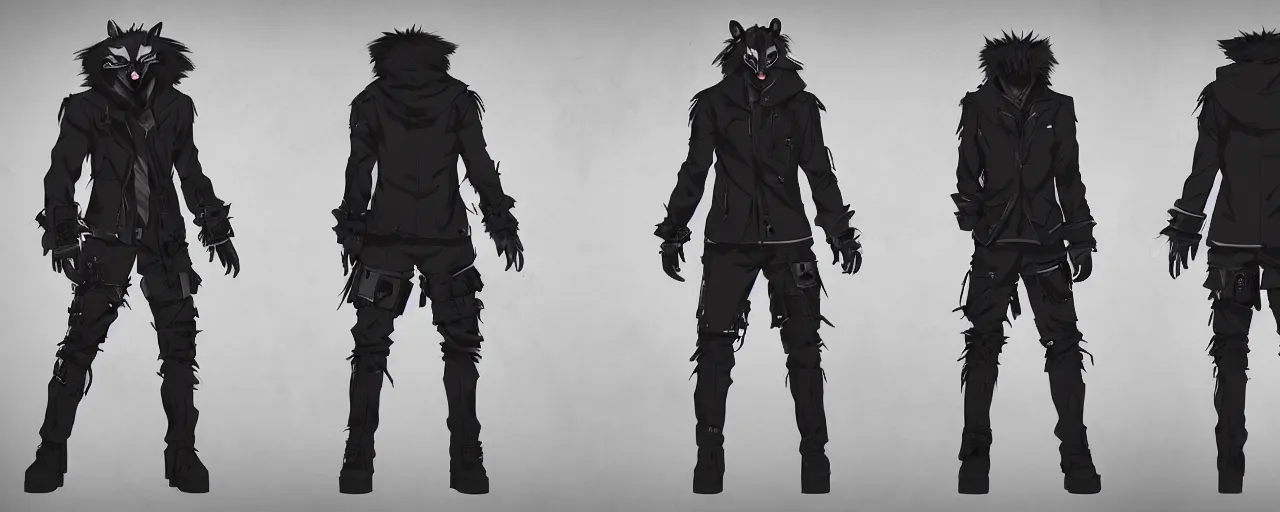 Prompt: a male anime cyberpunk raccoon wearing a heavy jacket and heavy black boots, character concept exploration, outfit designs, trending on artstation; clear silhouette, strong design