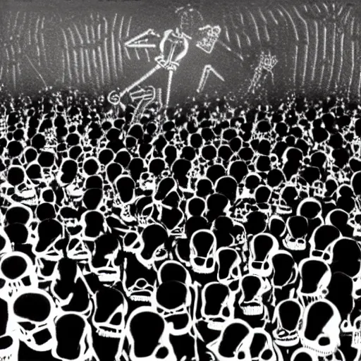 Prompt: photo, a giant crowd of shiny refective black latex claymation skeletons by ray harryhausen dancing inside a colorful underground ussr night club